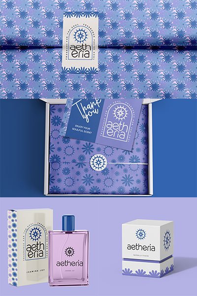 Aetheria perfume brand packaging design with lavender and blue patterns, thank-you card, and product box mockups from brand identity design project.
