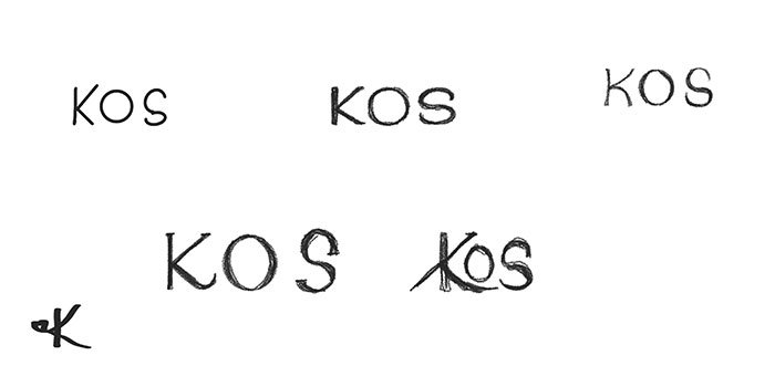 Kos makeup subscription brand identity design — hand-drawn serif logo