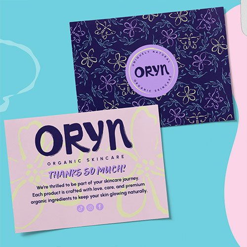 Thank you card design and brand textures for Oryn skincare packaging Thank you card design and brand textures for Oryn skincare packaging