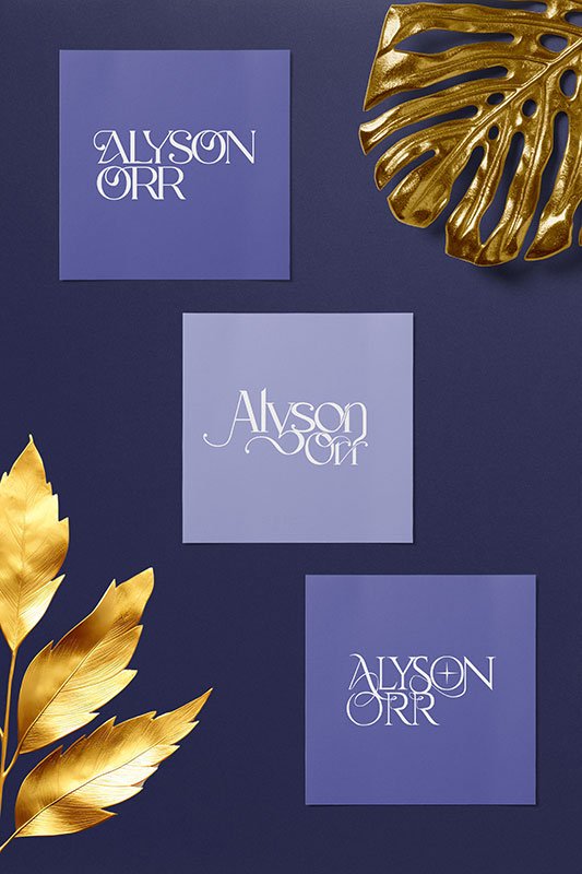 Logo concepts displayed on purple brand mockups with gold leaf accents, showing variations in custom wordmark design.