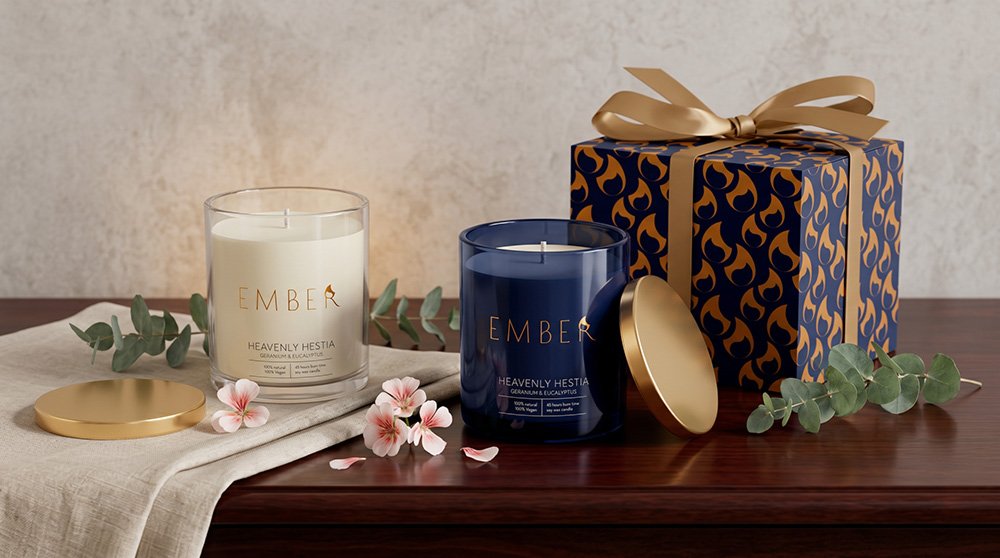 An AI representation of the Ember brand packaging and candles with logo and brand mark designed by Lesley Miles of Owl Luminous, in colours of deep blue, gold and vanilla