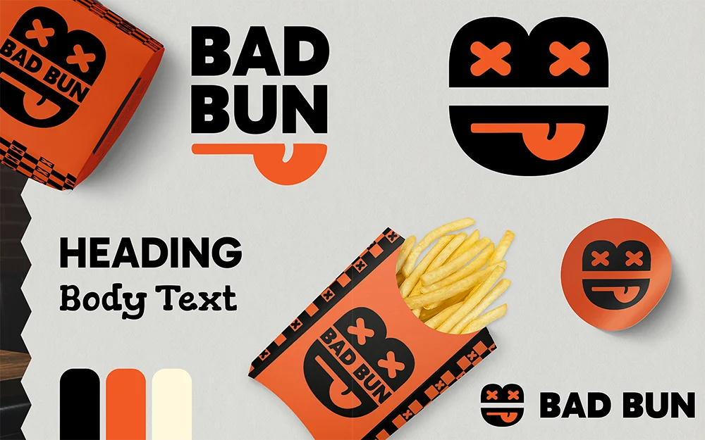 Bad Bun visual identity design by Owl Luminous showing full logo suite, colour palette, typography and brand patterns
