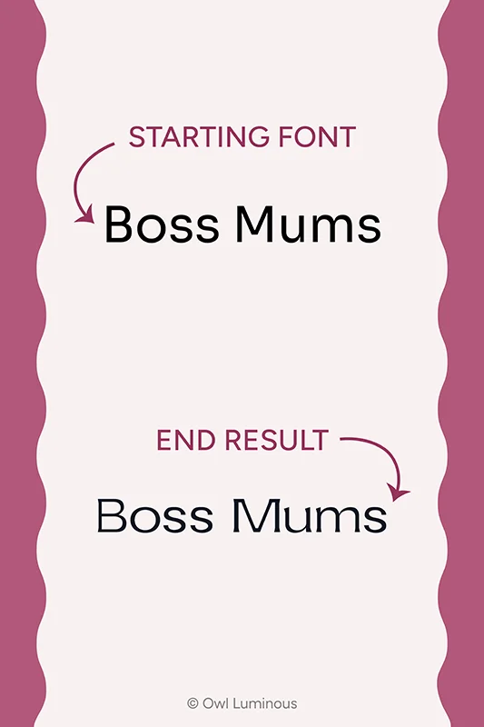 An image showing how the Boss Mums Customised Word Mark compares to the original font it was shaped from