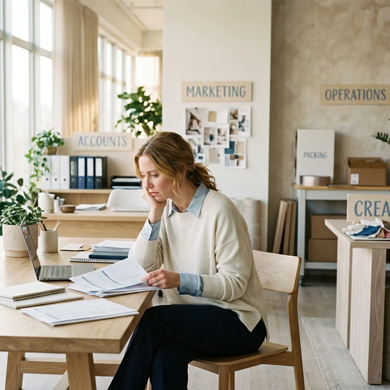 Woman Running a business figuratively wearing every hat by being all departments