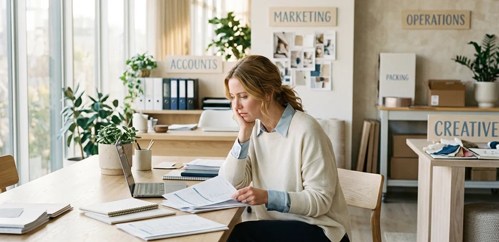 A woman small business owner works to run all departments of her business.